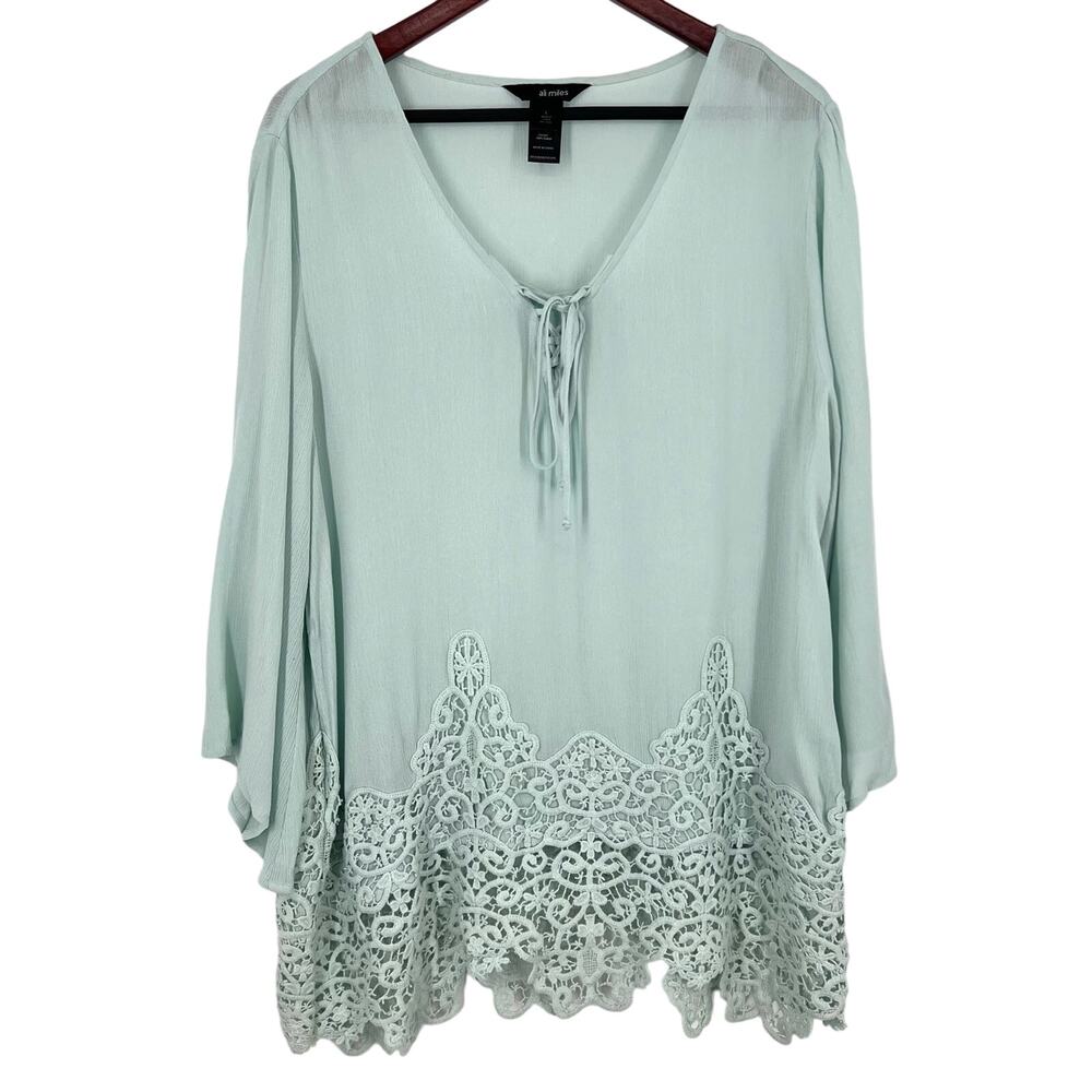 Ali Miles Sz Large Seafoam Green Long Sleeve Wearable Art Lace Blouse Shirt Top - Picture 1 of 9